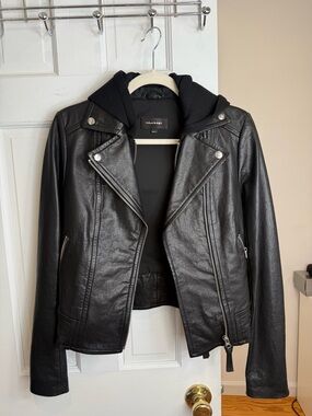 Mackage Black Leather Hooded Moto Jacket